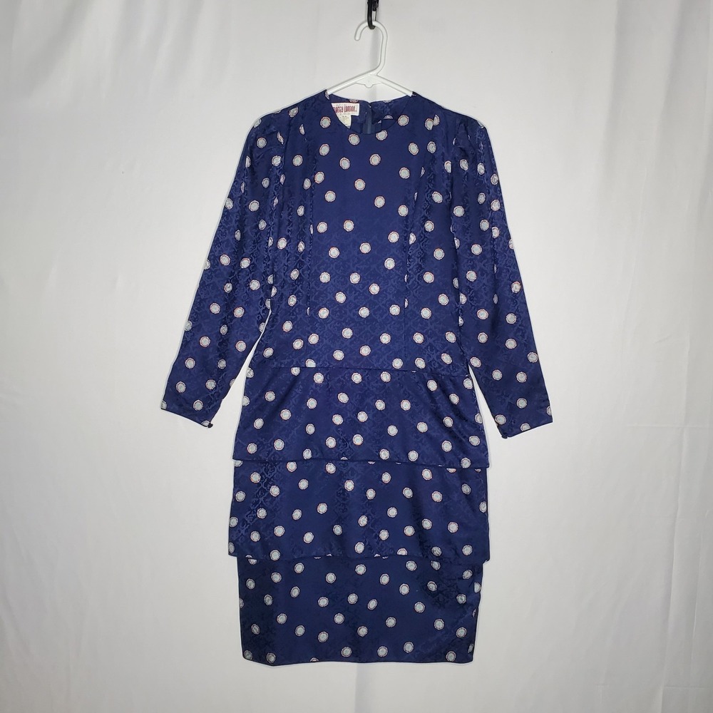 Maggie London Vtg Silk Dress 8 Satin Old Money Print Tiered Modest Derby Church - Picture 1 of 11